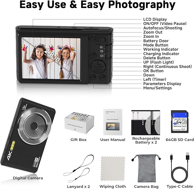 Digital Camera FHD 4K Kids Camera 44MP with 64GB SD Card 2 Batteries Autofocus 16X Digital Zoom Compact Portable Point and Shoot Digital Small Vintage Camera for Teens Boys Girls Students (Black)