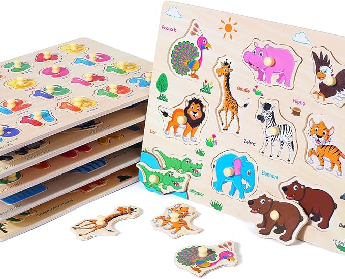 GRINNNIE Wooden Peg Puzzle for Toddlers, 6 Pack Toddler Puzzles Set for 3 4 5 Years Old (Alphabet Number Shape Animal Dinosaur Vehicle), Preschool Education Learning Puzzle Toys for Girls and Boys