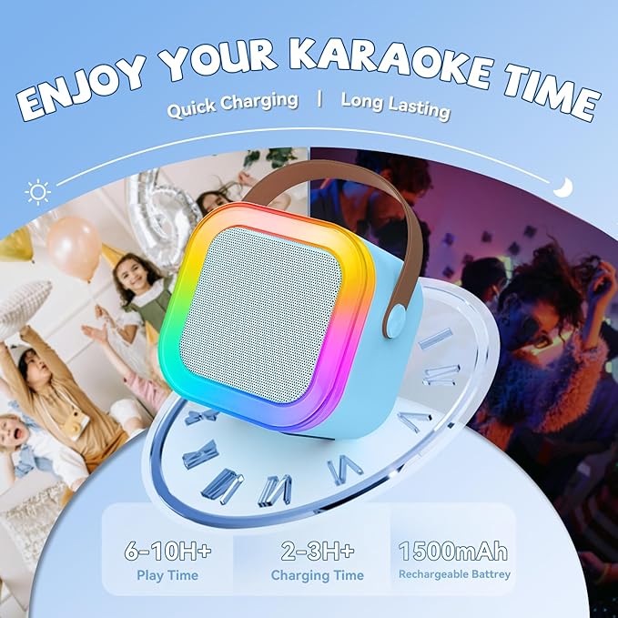 【2025 Newest】 Mini Karaoke Machine for Kids Girls & Boys - Portable Bluetooth Speaker with 2 Wireless Microphones - Kids Birthday Gifts for Ages 4-10 - Kids' Instrument Accessories - Blue