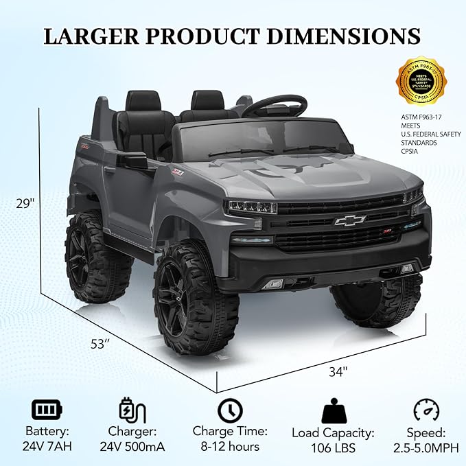 Hetoy 24V 2-Seater Truck Licensed Chevrolet Silverado Ride On Car Toy w/Parent Remote Control,4xSpring Suspension, 3 Speeds, Wireless Music, MP3 Player, Electric Vehicle Car for Kids,Grey