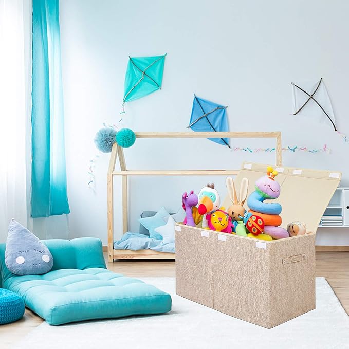 popoly 2 Pack Large Toy Box Chest Storage with Flip-Top Lid, Sturdy Kids Toy Storage Bin Boxes Container for Boys, Girls, Nursery, Closet, Bedroom, Playroom 25"x13" x16"(Linen Beige)