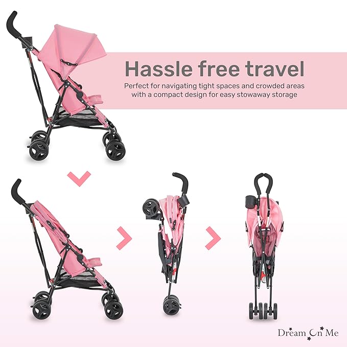 Dream On Me Rover Convenience Baby Stroller in Pink, Lightweight & Compact Umbrella Stroller, Easy one-Hand fold Travel Stroller, Lockable Rear Wheels, Removable & Adjustable Canopy
