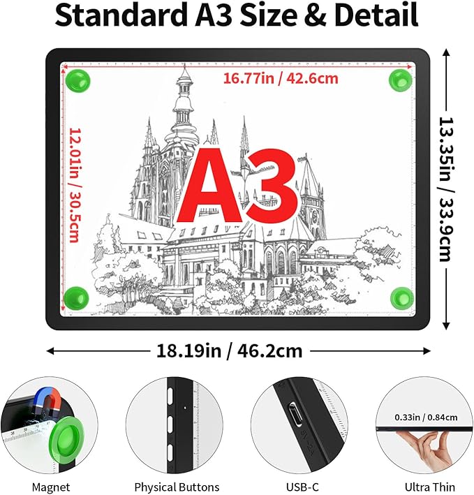 Zocelight Rechargeable A3 Light Box for tracing,Diamond Art Light Board with 4 Magnets,Wireless Light Pad for Diamond Painting,Ultra Bright Light Table for Drawing, Sketching,Animation(Black)