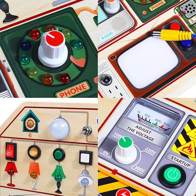 JAUNTY Montessori Wooden Busy Board for Toddlers 3 4 5 Years Old, Wooden Sensory Toddler Toys with LED Light Switches, TV Radio Telegram and Car Driving, Travel Toys Birthday for Boys Girls