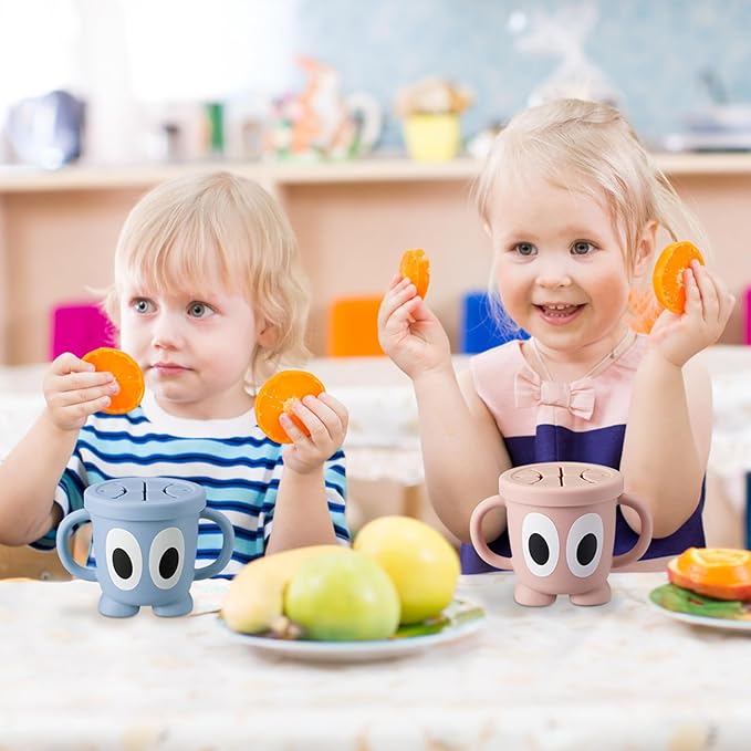 Silicone Snack Cups Food Container for Toddlers and Babies, Spill Proof Training Cup with Snack Cup Lid & Dust Proof Lid, Comes with a toy strap, Without BPA, Lead, or Phthalates (Beige)