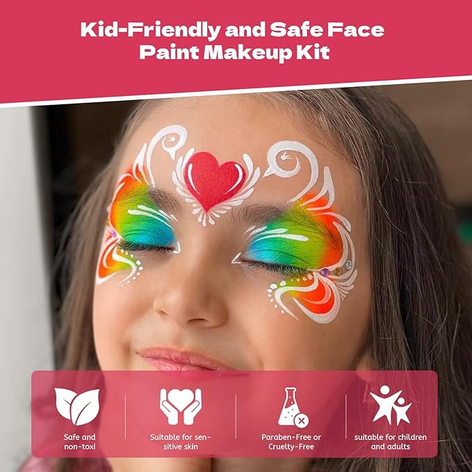 Professional Face Painting Kit for Kids Adults-12*10g Non Toxic Water Activated Face Paint Kit With Brushes,Stencils,Gem Stickers;Halloween,Carnival;Water Based Facepaint Makeup Kit for Kids Party