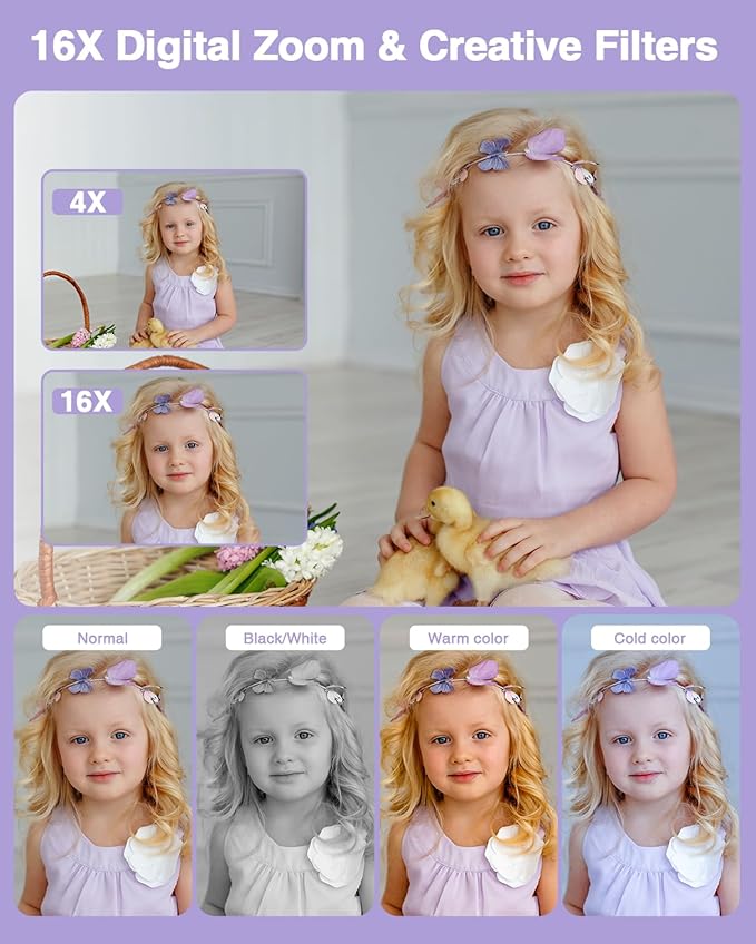 Digital Camera, Kids Camera FHD 1080P Point and Shoot Camera with 16X Zoom Anti Shake, Small Compact Camera for Teen Starter Children Kid Student Girl Boy(Purple)