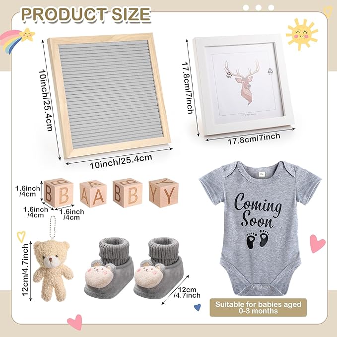 9 Pcs Pregnancy Announcement Set Pregnancy Reveal Ideas Felt Letter Board Baby Bodysuit Booties Photo Frame Bear Plush Wood Blocks for Coming Soon Baby Announcement(Gray)