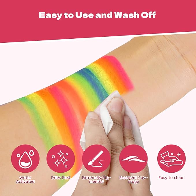 Professional Face Painting Kit for Kids Adults-12*10g Non Toxic Water Activated Face Paint Kit With Brushes,Stencils,Gem Stickers;Halloween,Carnival;Water Based Facepaint Makeup Kit for Kids Party