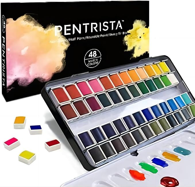 Watercolor Paint set, 48 Colors Premium Solid Watercolor Half Pans in Tin Box, 1 refillable Water Brush Pen, Art Pigment Kit Perfect for Artists Students Kids Beginners and Art Lovers