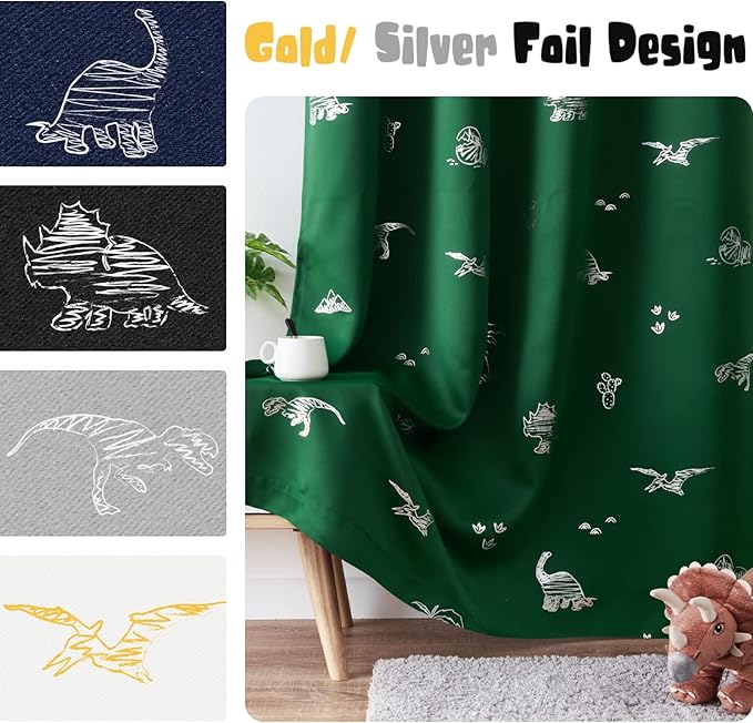 Vangao Kids Curtains Green Blackout Dinosaur Curtains for Boys Kids Nursery Girls Room Silver Dino Foil Print Thermal Insulated Drapes Grommet Top Window Treatments 84 Inches Length 2 Panels