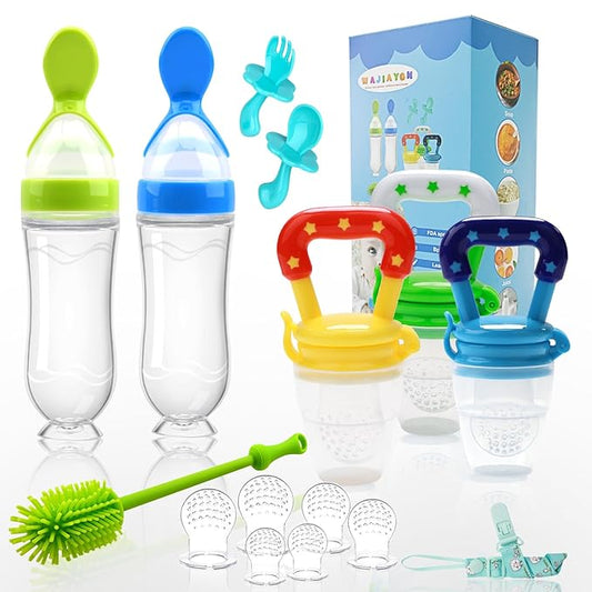 Food Feeder Baby Fruit Feeder Pacifier (3 Pcs) with 6 Different Sized Silicone Pacifiers 2 PCS Silicone Babies Food Dispensing Spoon 90ML with 2 Baby Spoons Bottle Brush Pacifier Clip