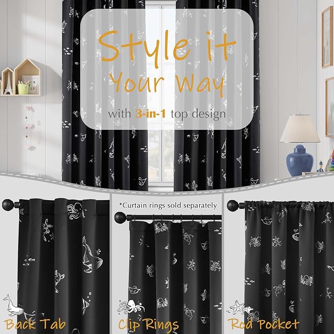 Vangao Kids Curtains for Boys Bedroom Kids Blackout Curtains 84 Inch Length Ocean Aquarium Nursery Drapes for Girls Bedroom Silver Sea Animals Print Thermal Insulated Drapes, Black 2 Panels