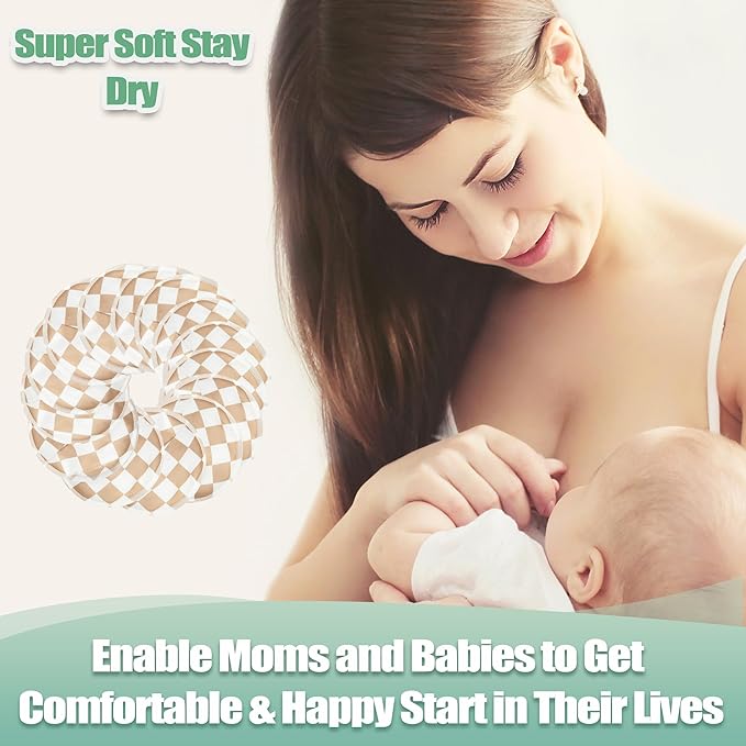 wegreeco Nursing Breast Pads (14 Pack) + Laundry Bag & Travel Storage Bag, 4.7 inch - Washable & Reusable Breastfeeding Nursing Pads (Light Coffee Checkerboard, Large, Contoured Shape)