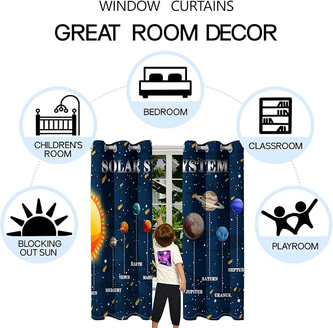 Solar System Curtain Panels - 2Pcs 95% Blackout Outer Space Curtains for Boys Bedroom Grommet Room Darkening Galaxy Planets Themed Curtains for Living Room, 82" x 84"