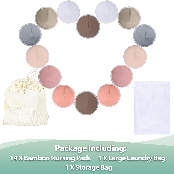 wegreeco Nursing Breast Pads (14 Pack) + Laundry Bag & Travel Storage Bag, 4.7 inch - Washable & Reusable Breastfeeding Nursing Pads (Mild, Large, Contoured Shape)