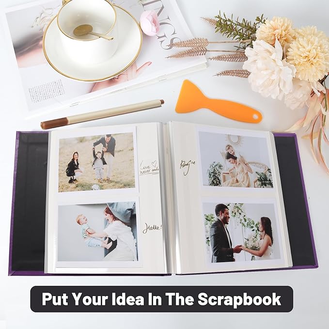 RECUTMS Photo Album Self Adhesive Magnetic Scrapbook 4x6 5x7 8x10 Pictures Scrapbook Album, 40 Pages Photo Book for DIY Baby Family Wedding with Metal Pen and Plastic Board (Purple)