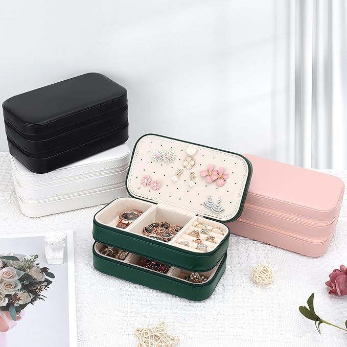 DesignSter Small Travel Jewelry Box with Double Zipper, 2 Layers PU Portable Jewelry Case for Women and Girls,Travel Jewelry Organizer for Rings, Earrings, Necklaces, Bracelets,Dark green