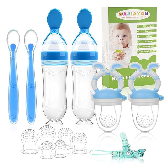 WAJIAYON Baby Fruit Feeder Pacifier | 2 Infant Food Feeder Pacifier & 2 Baby Food Dispensing Spoon | Fresh Fruit Teethers for Babies | Silicone Feeder Babies,Infant Teething Feeders (Blue-Rabbit)