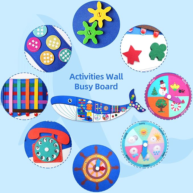 Whale Busy Board Montessori Busy Board, Sensory Toys Toddler Toys Sensory Wall Activity for Toddler- Preschool Learning Panel Center for Kids 3+ Year Old Boys Gifts Girls Gifts(Birthday Christmas) 