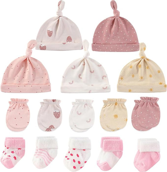 Newborn Baby Boy Girl Caps Mittens Socks Set Cotton Baby Essentials Accessories (Hats+Gloves+Socks)