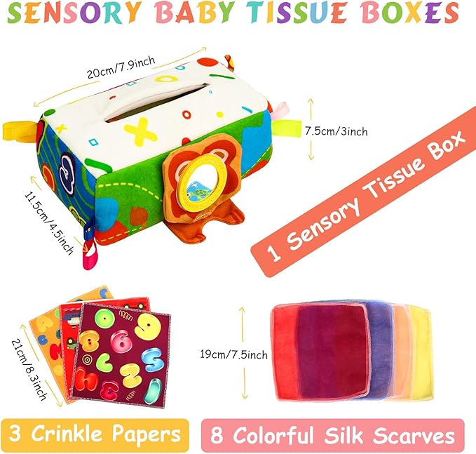 Baby Tissue Box - Montessori Toys for 6-12 Months, 1 Year Old - Soft Stuffed & High Contrast Crinkle Infant Sensory Toy, Early Learning Gift for Girls & Boys Toddlers