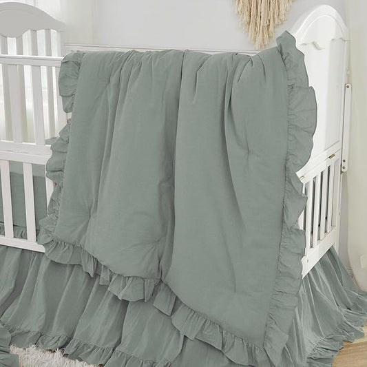 Brandream Gender Neutral Boho Bohemian Baby Girl Boy Nursery 3 Pieces Crib Bedding Set Solid Green Farmhouse Chic Ruffle Unisex Cozy 100% Washed Cotton