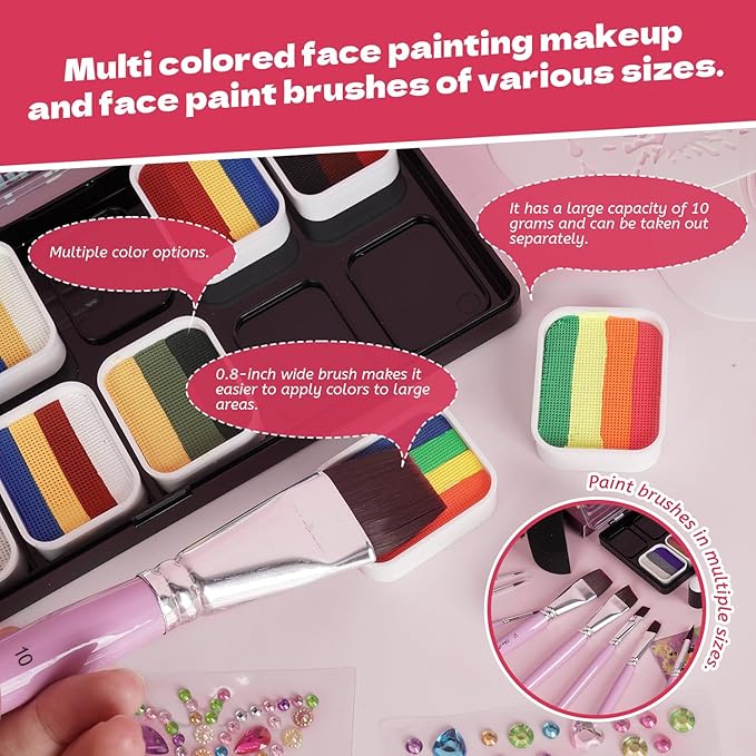 Professional Face Painting Kit for Kids Adults-12*10g Non Toxic Water Activated Face Paint Kit With Brushes,Stencils,Gem Stickers;Halloween,Carnival;Water Based Facepaint Makeup Kit for Kids Party