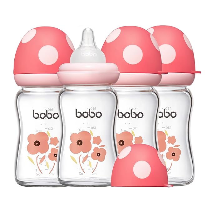 YOHKOH Natural Glass Baby Bottle with Natural Response Nipple, Newborn Anti-Colic Baby Bottles, Wide Neck Mushroom Cap Baby Bottle, Clear ((5.4oz (Pack of 4), Red-1)