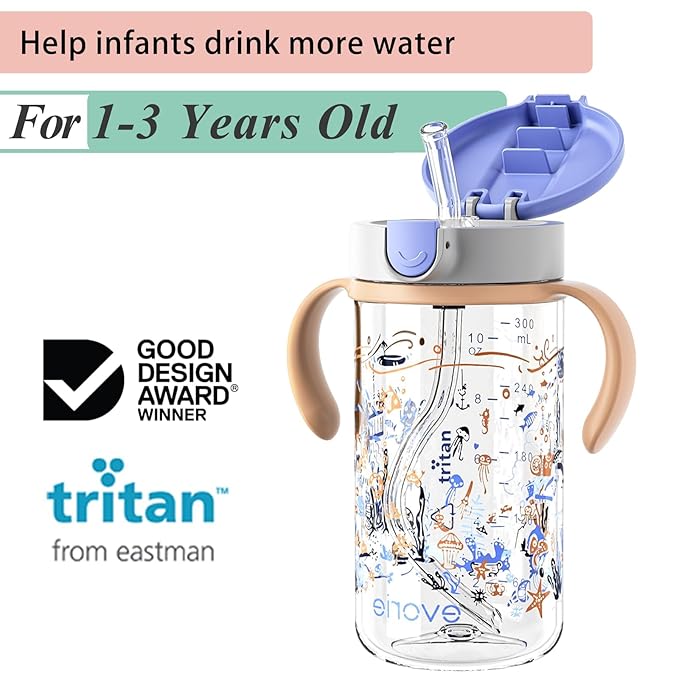 Evorie Tritan Spill Proof Toddler Straw Sippy Cup, 10 oz for Baby and Toddlers 1-3 Years Old, No Spill Straw Water Bottle with Removable Handles, Ideal for School, BPA-Free, Under the Sea