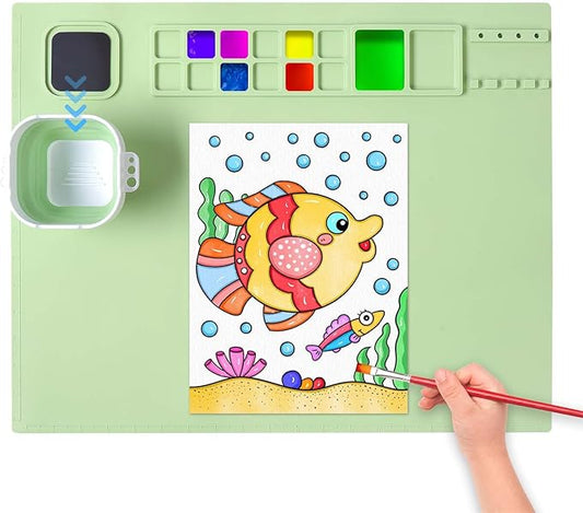 AWOKE Silicone Painting Mat for Table Protection - 20"X16" Washable Art Mat with 1 Water Cup for Kids - Craft Mat has 12 Color Dividers - 2 Paint Palettes (Green), Toddler Activities, Girl Boy Gifts