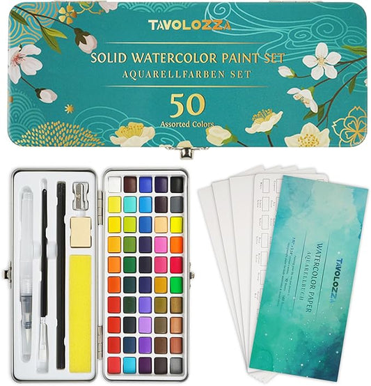 TAVOLOZZA Watercolor Paint Set, 50 Vivid Colors Including Metallic and Fluorescent Colors in Gift Box,Perfect Watercolor Set for Artists, Painting Lovers