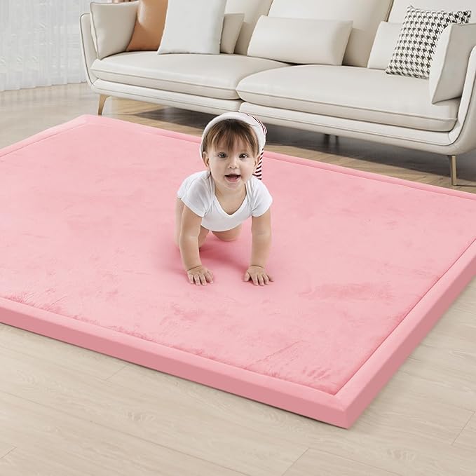 ACOMOPACK Baby Play Mat for Floor 1.3" Thick Memory Foam Play Mat 79"×157" Tummy Time Crawling with Non-Slip Bottom for Living Room,Nursery,Soft Velvet Playpen Mats for Kids,Infants(Pink)