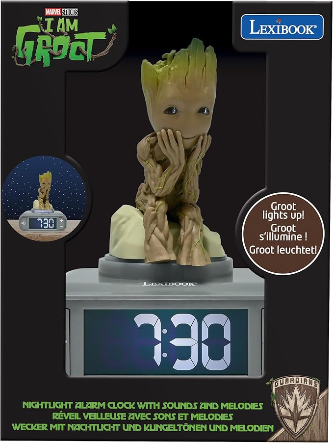 LEXiBOOK, Marvel Guardians of The Galaxy, Groot Nightlight Alarm Clock, Sounds and Melodies, Backlit LCD Screen, Illuminated, Snooze, Grey/Brown, RL800GG
