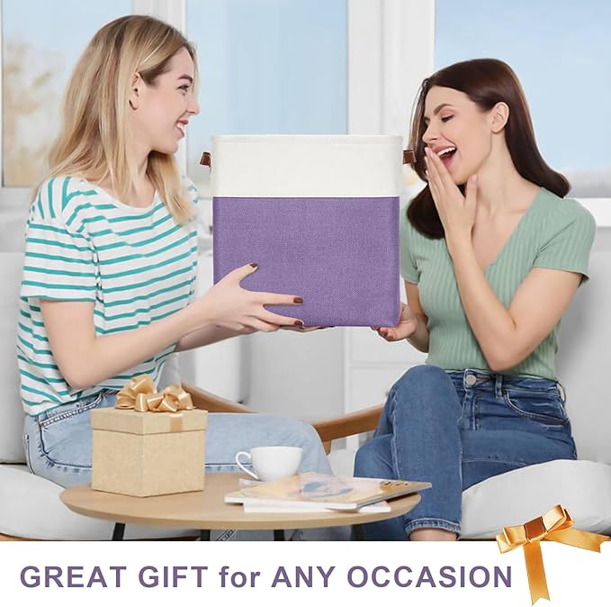 13x13 Cube Storage Bins, Collapsible Fabric Storage Box, 4 Pack Closet Baskets with Handles for Organizing, Shelf, Toys, Clothes, Home, Office, Nursery (Purple&White)