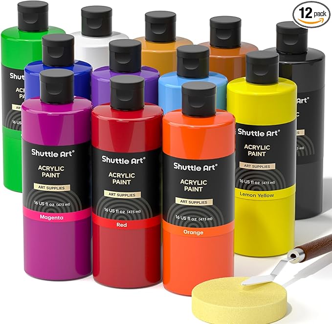 Shuttle Art Acrylic Paint, 12 Colors Acrylic Paint Large Bottle Set, 473ml/16oz Each, Rich Pigments, High Viscosity, Bulk for Artists, Beginners and Kids on Rocks Crafts Canvas Wood
