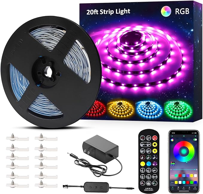 NOVOSTELLA 20ft RGB Smart LED Strip Lights Kit, Music Sync APP RGB Color Changing Flexible Dimmable 180 Units SMD 5050 LEDs Tape with 24 Key Remote, LED Ribbon for Home Lighting Kitchen Bar, 24V