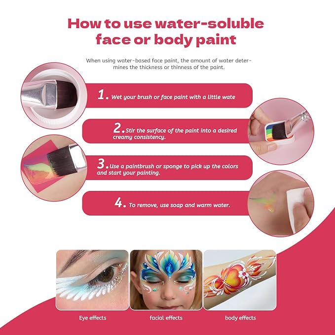 Professional Face Painting Kit for Kids Adults-12*10g Non Toxic Water Activated Face Paint Kit With Brushes,Stencils,Gem Stickers;Halloween,Carnival;Water Based Facepaint Makeup Kit for Kids Party