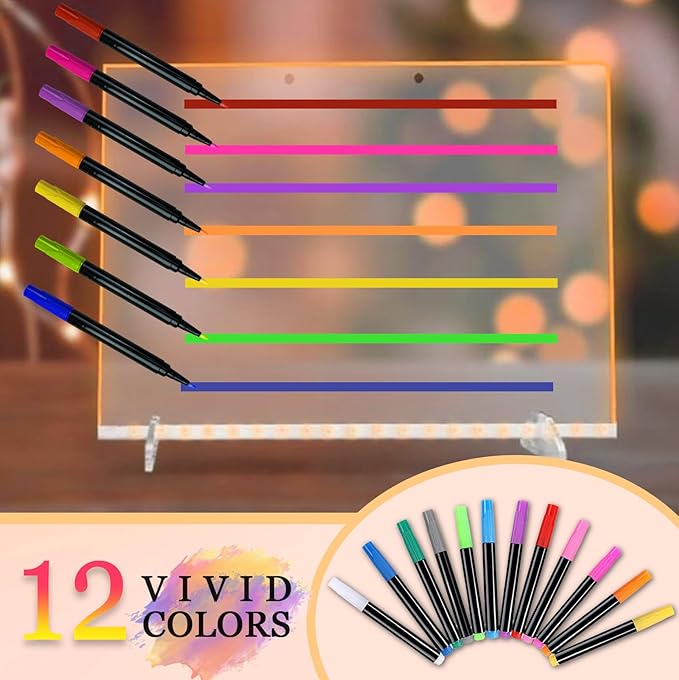 12-Color Markers for Doodle Glow,Neon Dry Erase Markers for Led Drawing Board, Non-Toxic Erasable Chalk Marker for Clear Acrylic Calendar, Mirror, Window, First Day Of School Sign