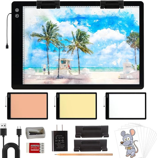 Rechargeable A2 Large Tracing Light Box with 3-Color Light Modes, Wireless Ultra-Thin LED Light Board with 6-Level/Stepless Brightness, Cordless Trace Light Pad for Sketching, 5D Diamond Painting