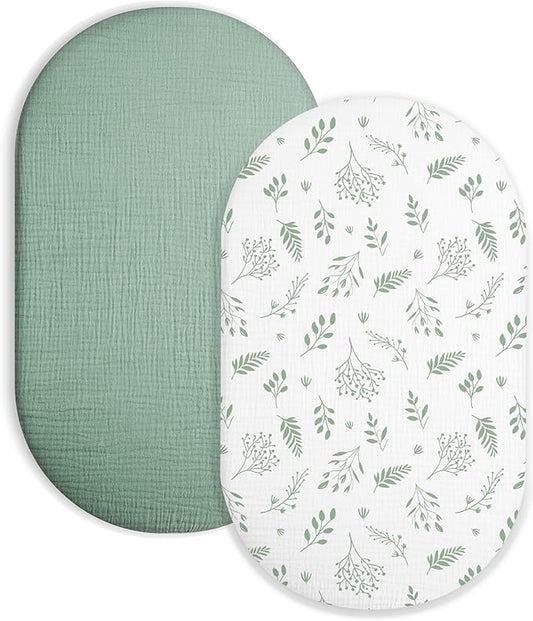 Bassinet Sheet for Baby Boy and Girl 2 Pack, Fitted Sheets for Rectangle, Oval, Hourglass Bassinet Mattress, Muslin Moses Basket Sheets with Neutral Style (Fern Leaf & Sage)