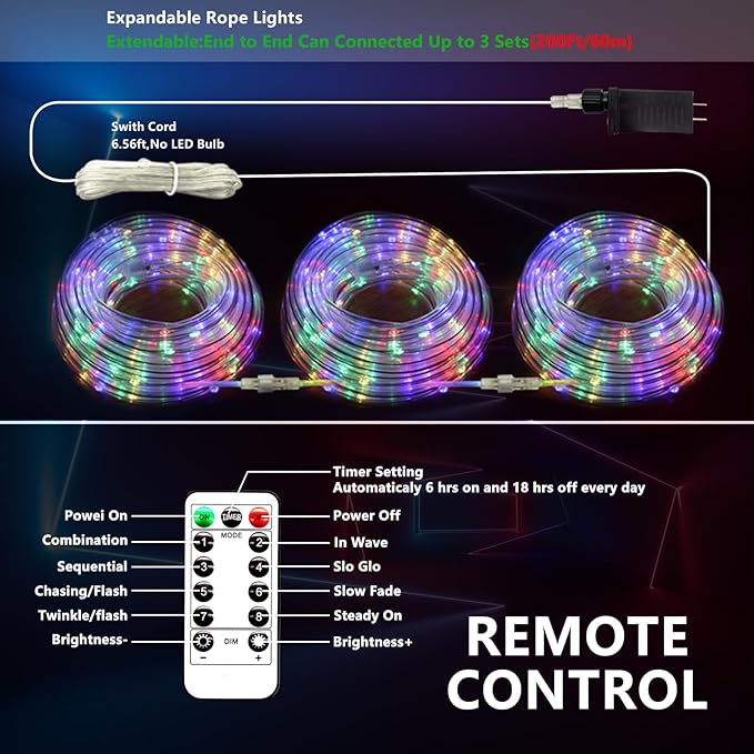 132FT Rope Lights for Outside,2 Pack 66FT Connectable String Lights Outdoor Waterproof IP67,8 Modes 400 LEDs Rope Lighting for Garden,Party,Indoor Bedroom,Christmas Eaves Decor,Coloured