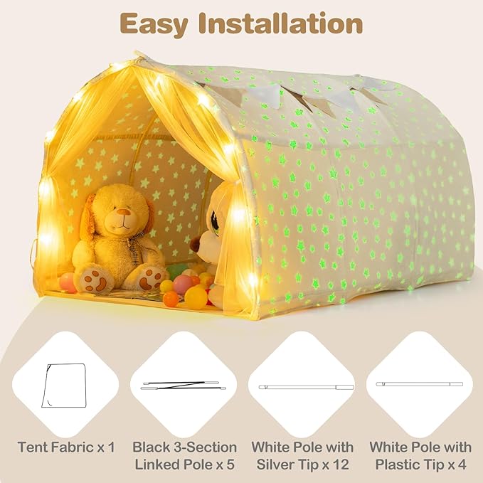 INFANS Kids Bed Tent with Glow in The Dark, Portable Children Playhouse Privacy Space Twin with Mat Star Light Double Net Curtain, Indoor Outdoor Princess Tents Castle for Boys Girls