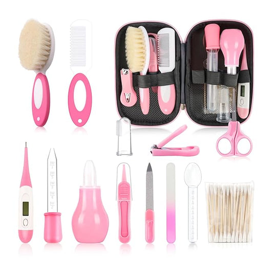 Baby Grooming Kit,Infant Safety Care Setwith Hair Brush Comb Nail Clipper Nasal Aspirator, Baby Essentials Kit for Newborn Girls Boys (14 PC-Pink Kit)