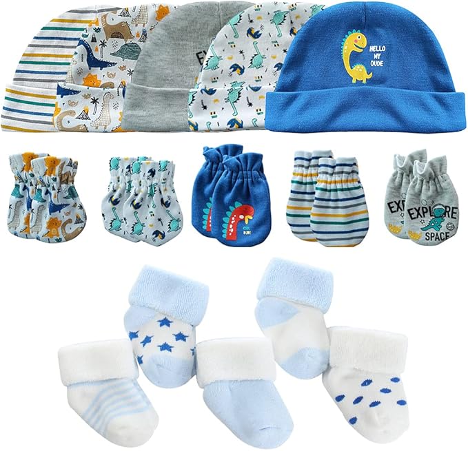 Newborn Baby Boy Girl Caps Mittens Socks Set Cotton Baby Essentials Accessories (Hats+Gloves+Socks)
