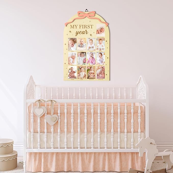 R HORSE My First Year Photo Frame Board, 3D Coquette Pink Bow Display Wood Board, Baby’s First Year 12 Months Milestone Sign 1st Birthday Frame Nursery Decor Keepsake Gift for Boy Girl