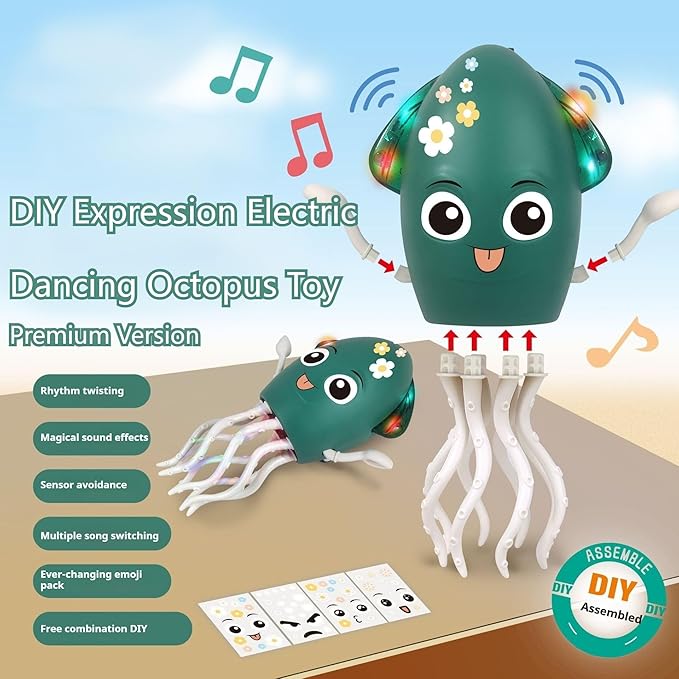 Dancing Octopus Toy Electric Crawling Baby Toy with Lights & Music Tummy Time Octopus Toy | DIY Expressions, Obstacle Avoidance | for Boys and Girls Party Gift Birthday, Christmas (Green)