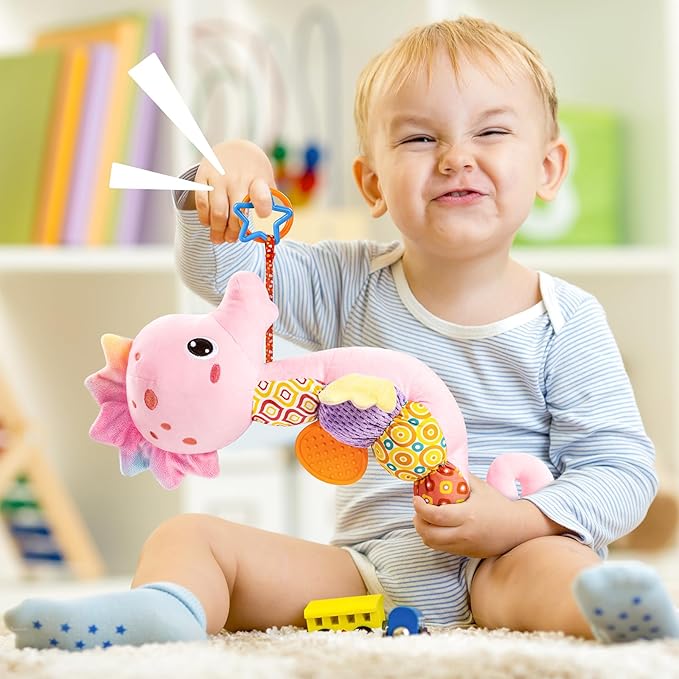 LIGHTDESIRE Baby Toys Musical Seahorse,Infant Stuffed Animal Toys with Crinkle and Rattles,Soft Sensory Toys with Textures for Tummy Time Newborn Boys Girls 0 3 6 12 Months(Pink)