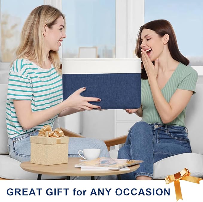 Storage Bins Large Fabric Storage Baskets for Shelves 3 Pack, Decorative Linen Closet Baskets with Handles for Organizing, Shelf, Clothes, Home, Office, 15x11x9.5Inches (NavyBlue&White)