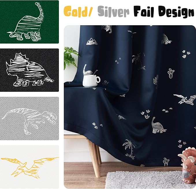 Vangao Kids Curtains Navy Blue Blackout Dinosaur Curtains for Boys Kids Nursery Girls Room Silver Dino Foil Print Thermal Insulated Drapes Grommet Top Window Treatments 84 Inches Length 2 Panels